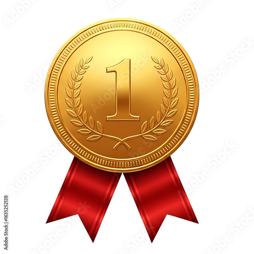 Gold medal with red ribbon isolated on transparent background