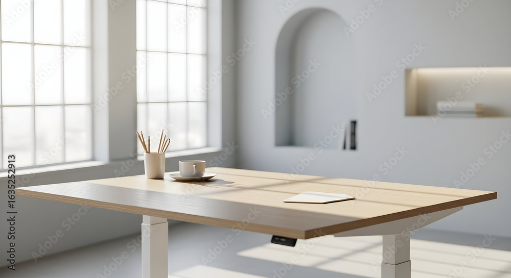 Fototapeta premium Modern Minimalist Light Wooden Adjustable Standing Desk