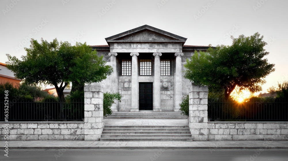 Obraz premium Neo classical building with symmetrical columns a central doorway and stone steps flanked by trees and a stone wall