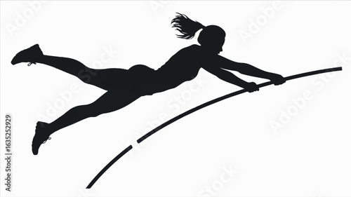 Black silhouette of a female athlete pole vaulting against a clean white background