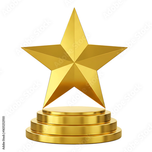 Golden star trophy on a tiered podium isolated on transparent background