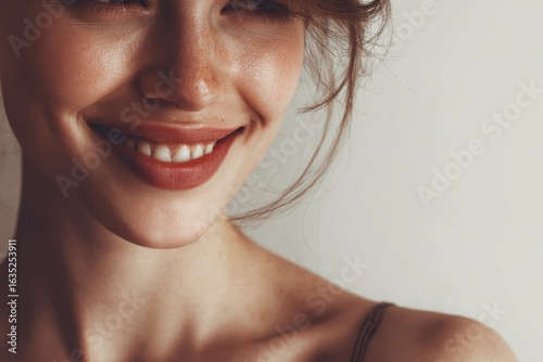 grinning young woman s visage and shoulders