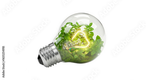 Eco friendly light bulb concept with green foliage and glowing filament isolated on transparent background
