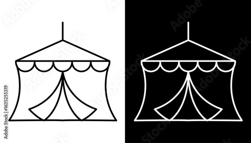 Circus tent line icon set on black and white backgrounds. Minimalist big top symbol for entertainment and festival design.