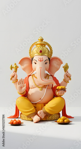 Ornate statue of Ganesha, Hindu deity, seated in a meditative pose, adorned with traditional symbols and colors.