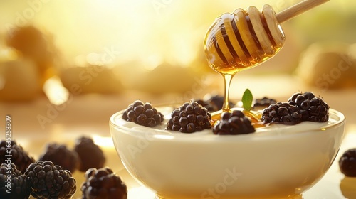 Fresh creamy yogurt bowl filled with ripe blackberries honey drizzling from wooden honey dipper and soft focus background with natural sunlight