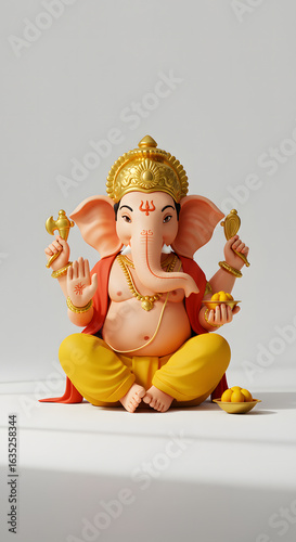 A serene Ganesha statue, adorned in gold and vibrant hues, sits peacefully, holding symbolic offerings.