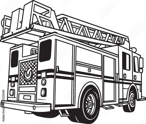 Monochrome Black and White Vector of Fire Truck Side Profile – Detailed Line Art