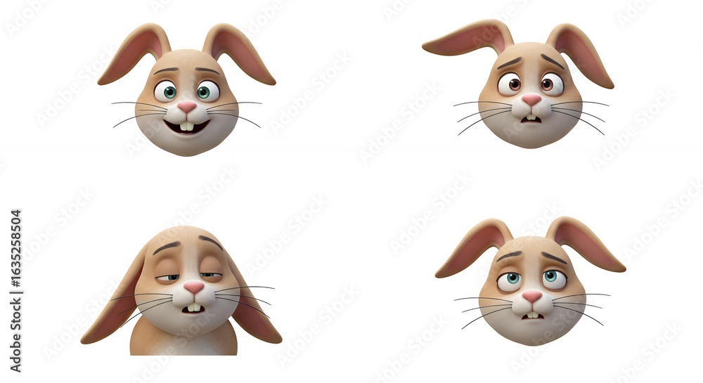 Fototapeta premium Four cartoon rabbit heads with expressions