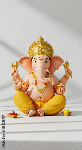 A serene Ganesha statue, elegantly posed in a meditative seated position, adorned with gold accents and vibrant yellow clothing, sits on a white wooden surface.