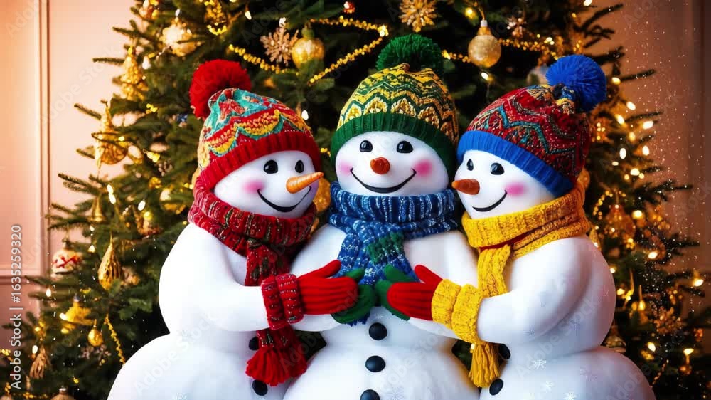Three cheerful snowmen in colorful knitted suits hugging under a sparkling Christmas tree.