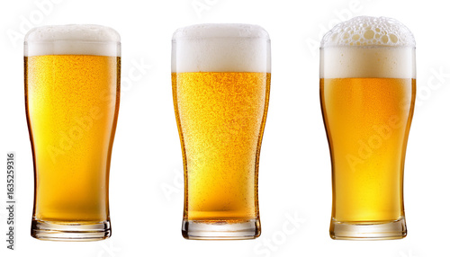 Three Glasses of Beer with Foam on Transparent Background