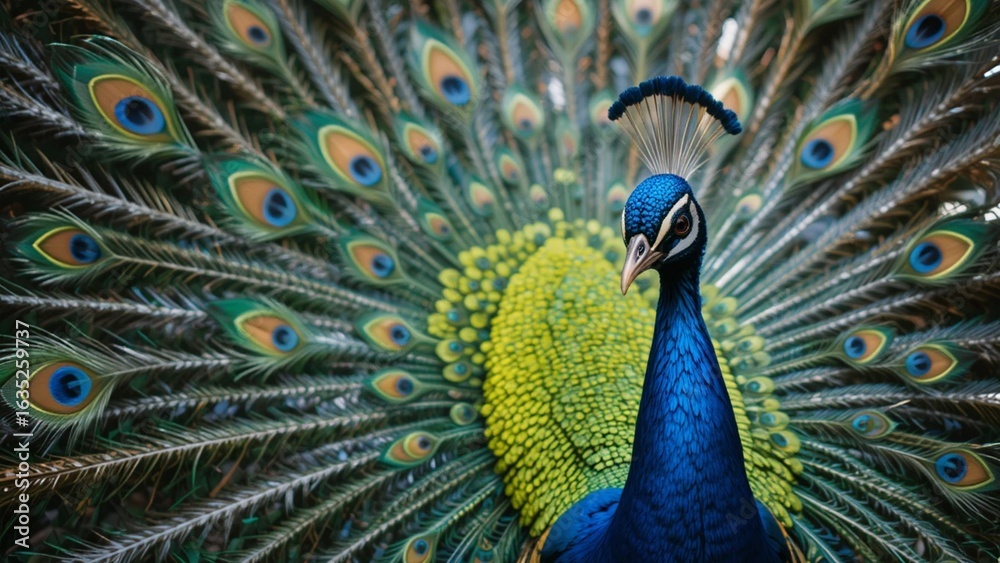 Obraz premium Peacock with Colorful Feathers. Majestic Peacock Display. Displaying Blue and Green Peacock