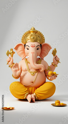 A vibrant, detailed 3D rendering of the Hindu deity Ganesha, seated in a meditative pose.