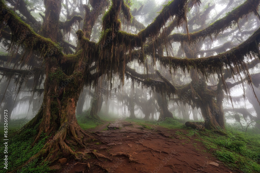 Fototapeta premium Misty, moss-draped forest path