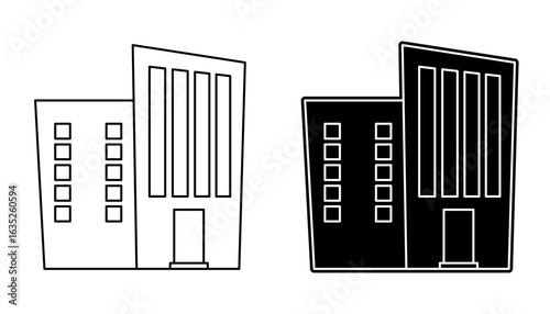 Modern building icon set in outline and solid glyph styles. Vector graphic illustration of a contemporary office or house.