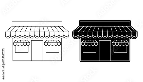 Simple storefront icon set with black outline and silhouette versions. Vector graphic of a small business, shop, or market facade.