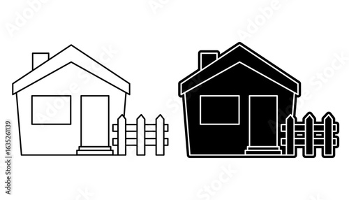 Simple house icon set with fence. Vector line art and silhouette graphic illustration of a home. Residential property symbol.