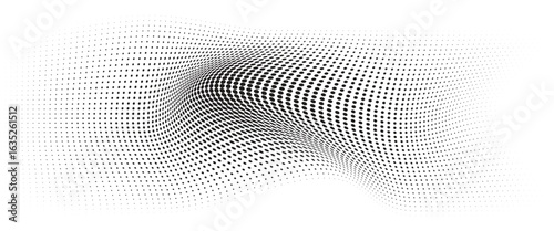 Flowing Wave Dot Halftone Pattern: Curve Gradient Shape on Transparent Background. Suitable for AI, Tech, Network, Digital, Science, and Technology Themes.