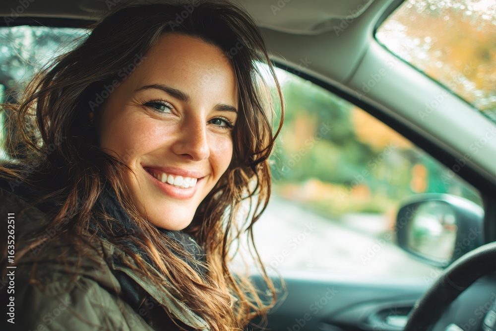 Joyful woman enjoys driving her car smiling with the window down with a garden and road behind her Joyful woman enjoys driving her car smiling with the window down with a garden and road behind her
