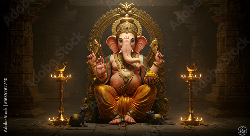 Majestic Ganesha, enthroned in a dimly lit temple, flanked by candles and small figures.