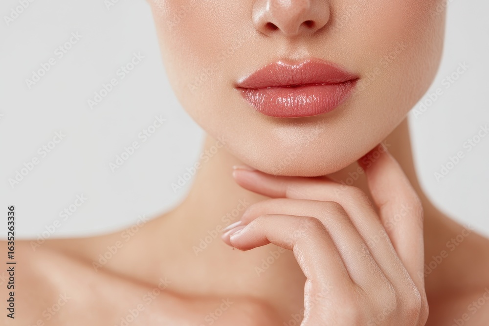 Caucasian young model s lips hand and shoulder with natural makeup and clear skin against a white backdrop Selective focus on facial skincare health theme Caucasian young model s lips hand and shoulder with natural makeup and clear skin against a white backdrop Selective focus on facial skincare health theme