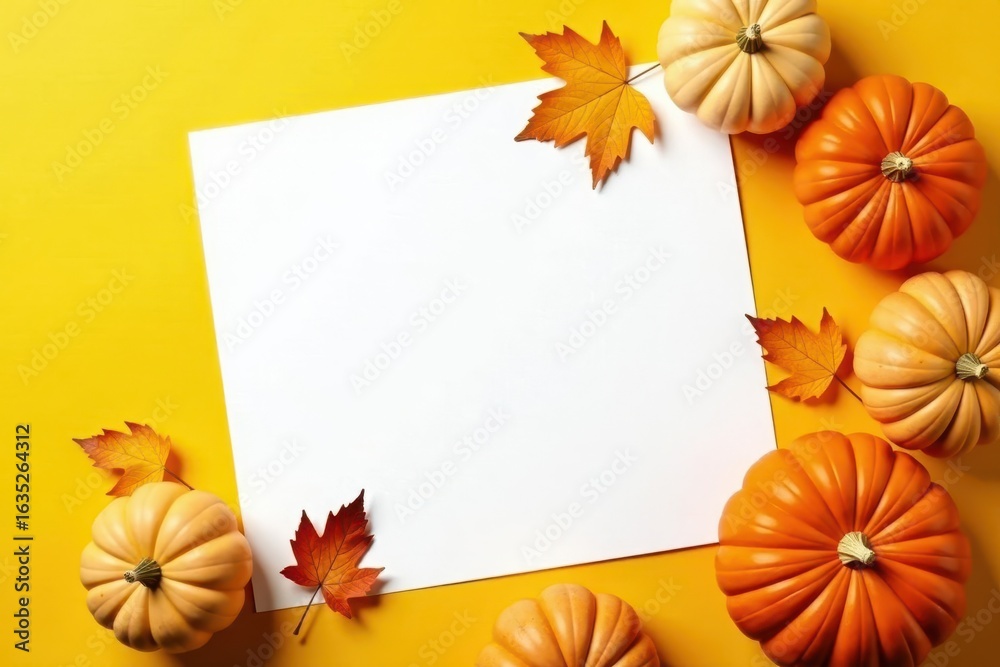 Obraz premium Crisp white sheet, vibrant yellow backdrop, autumn leaves & pumpkins , cozy, stock