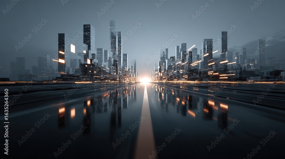 Obraz premium Road Leading to an AI Cityscape: Symbolizing the Singularity, Artificial General Intelligence, Future Progress, Growth, and Evolution of Advanced ASI Super Technology