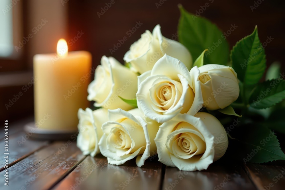 Obraz premium Elegant white rose bouquet, flickering candlelight, peaceful setting , candlelight, spiritual, flowers