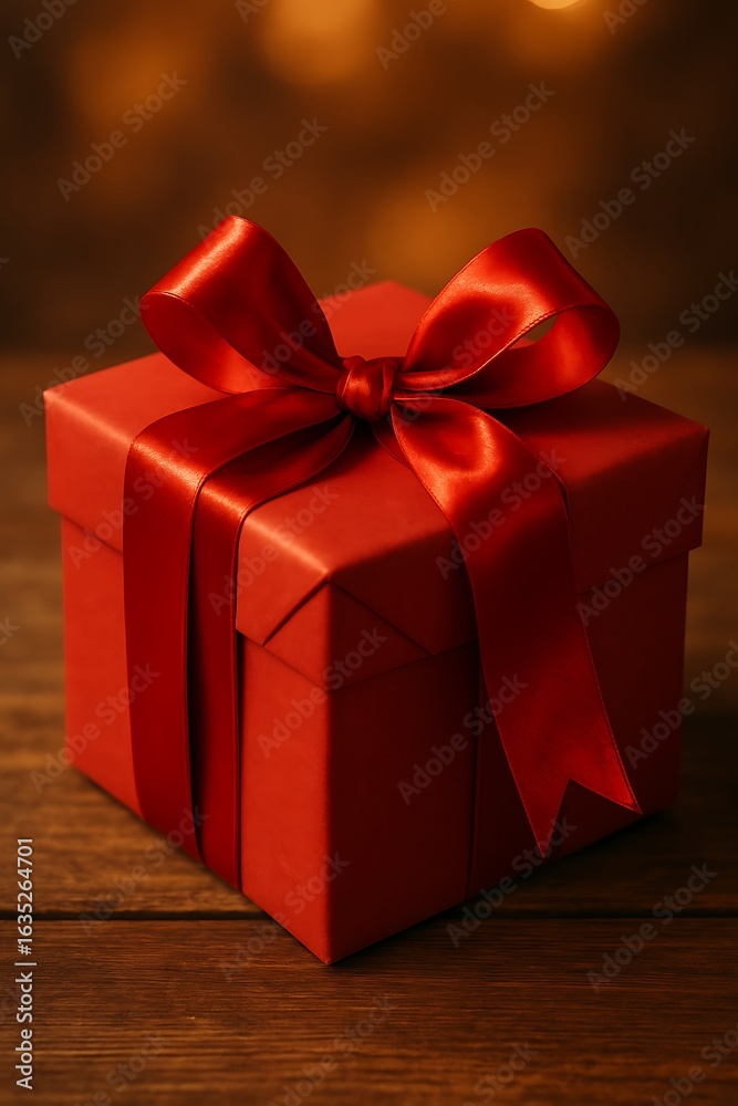 Obraz premium A vibrant red gift box adorned with a silky ribbon sits on a rustic wooden surface, glowing softly.
