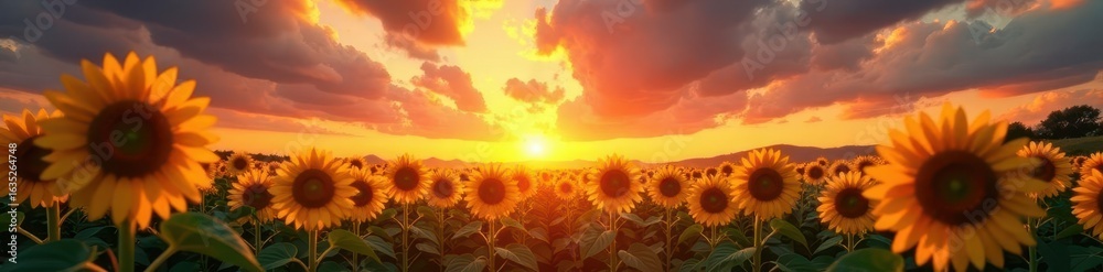 Fototapeta premium Sunflowers stretching towards a dramatic sunset sky, bloom, colors