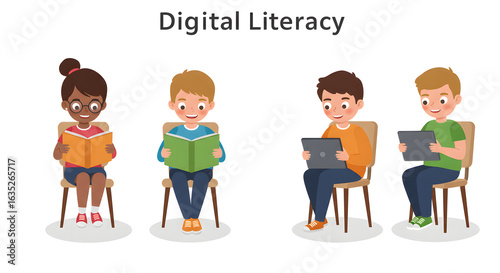 Four children seated, engaged in reading and digital literacy activities.