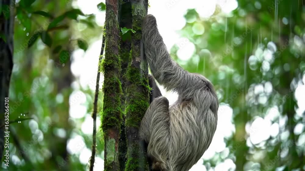 Sloth Climbing a Mossy Tree in the Rainforest