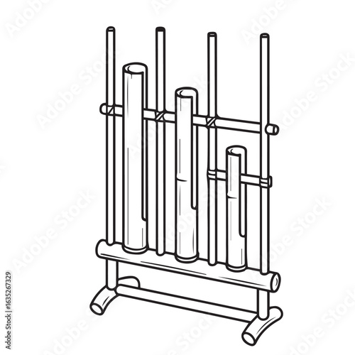 A culturally inspired vector of angklung in monochrome, featuring clean black outline that defines each bamboo tube with simple artistic expression.

