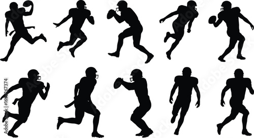 American football player silhouettes, running and passing poses, quarterback action, team sports concept, vector design, flat style illustration, athletes