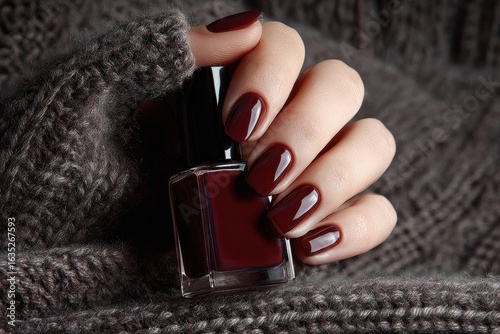 Woman s hand with long nails holding dark red polish