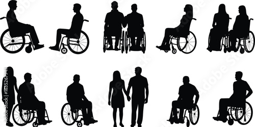 Disabled people silhouette collection, wheelchair users interaction, inclusive couple pose, diversity representation, rehabilitation, support, healthcare, flat vector illustration