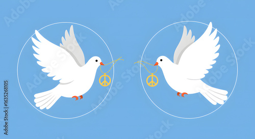 Two white doves, each carrying a peace symbol, in a blue circular background.