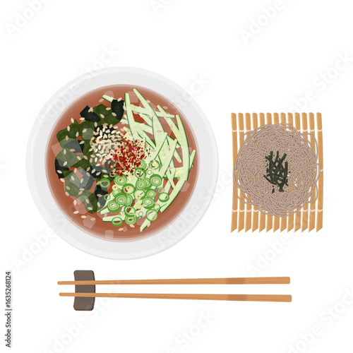 Vector Illustration Logo Clipart Top View Korean Chilled Cucumber Soup Oi Naengguk with Noodles