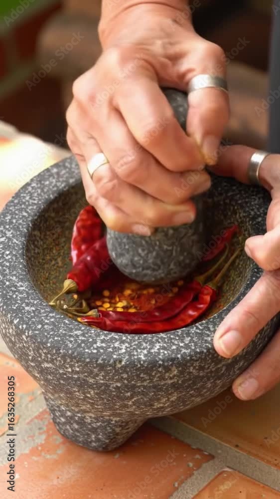 Dried chilies being crushed into fine red chili powder.