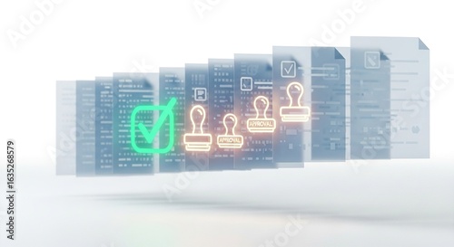 Transparent documents with approval stamps and checkmarks.