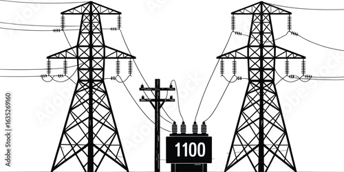 High voltage transmission towers, electric power lines, substation transformer 1100, utility pole connection, energy infrastructure, flat vector illustration