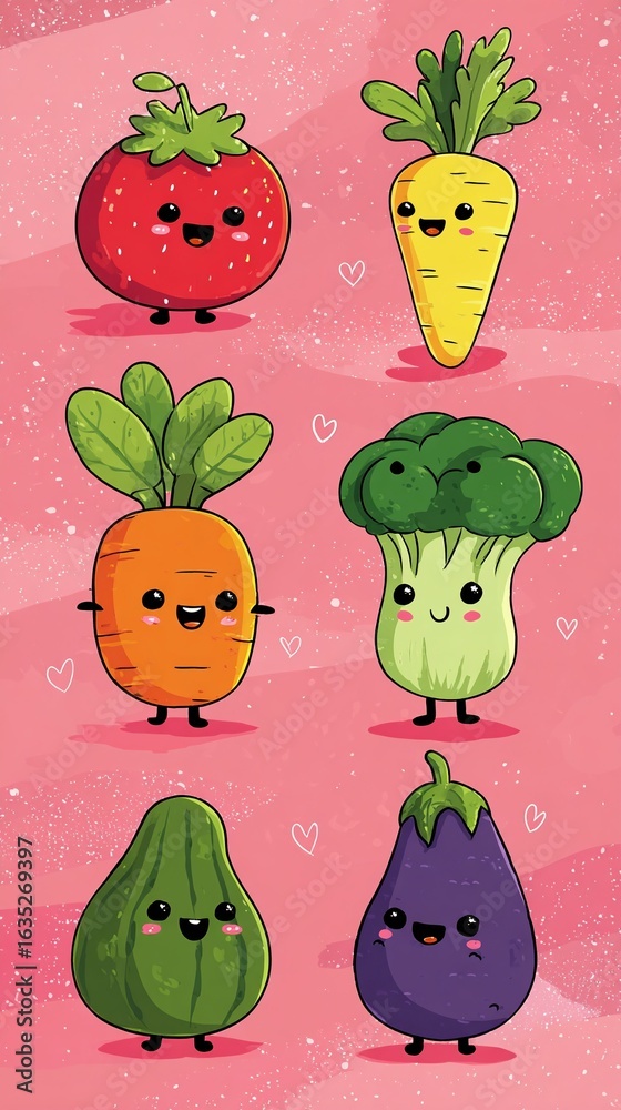 Fototapeta premium Cute Cartoon Vegetables with Happy Faces on Green Background
