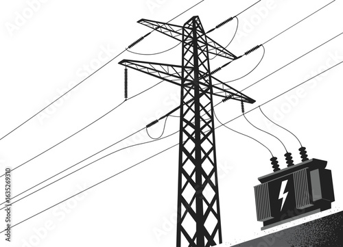 Electricity transmission tower with high voltage power lines and transformer, energy infrastructure illustration, black silhouette design, flat vector illustration