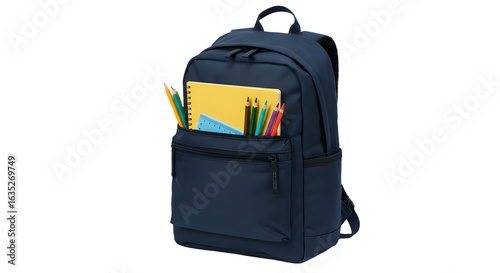 Dark blue school backpack filled with colorful pencils and yellow notebook, isolated on white background, perfect for back to school