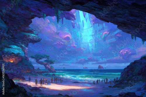 Cave entrance to a glowing, coastal paradise