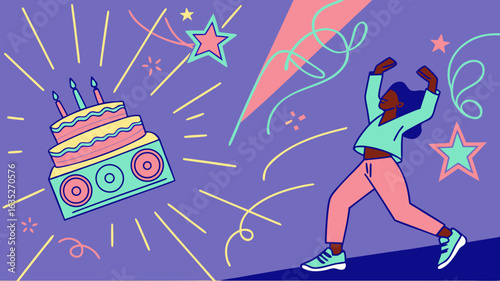 Neon-style abstract birthday wallpaper with glowing icons, stars, and digital sparkles