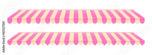Striped shop tent set. Store window awning pattern collection. Cafe or restaurant roof canopy pack. Pink and cream stall market place cover. Striped sunshade design template. Vector