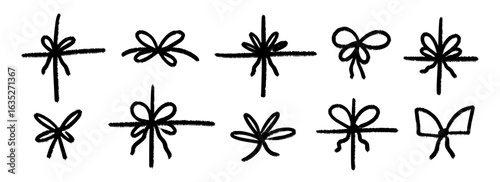 Crayon hand drawn present bows collection. Black doodled ribbon bow set. Brush stroke scribbled elements pack for gift, package, box decoration. Sketched chalk pastel tied knots bundle. Vector