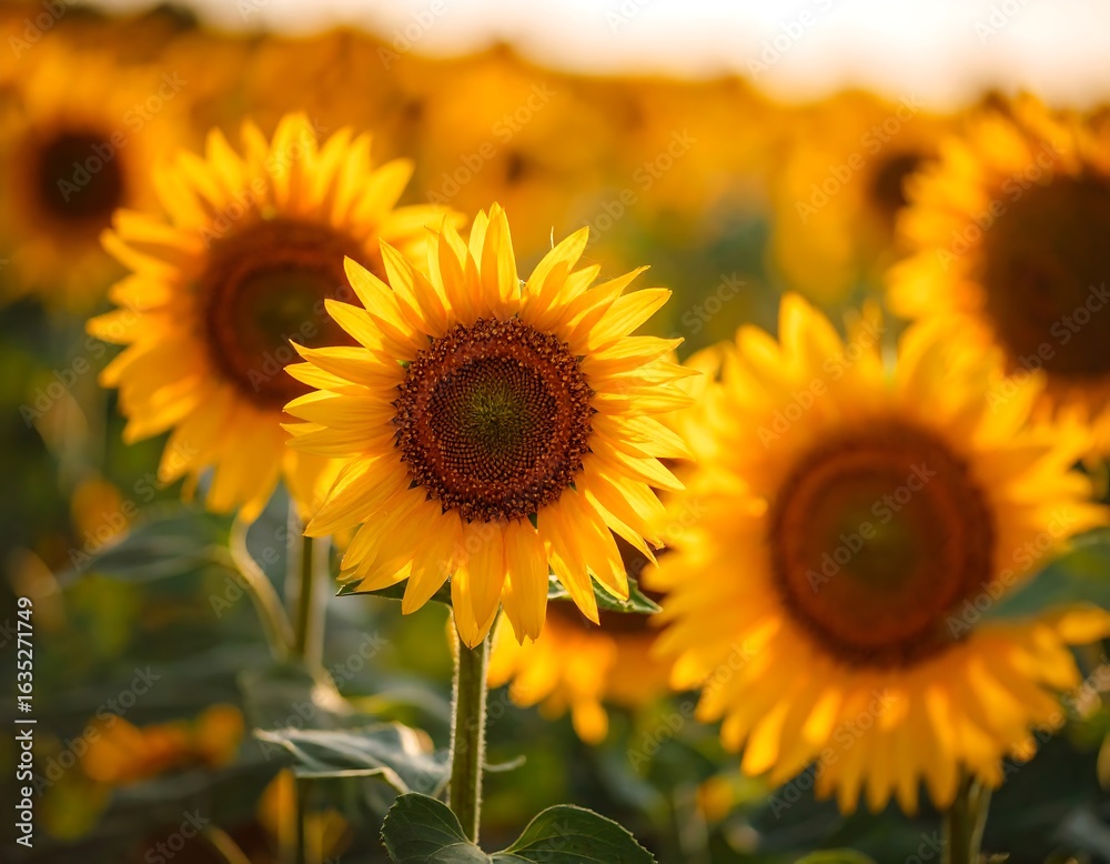 Fototapeta premium Golden sunflowers in a field at sunset